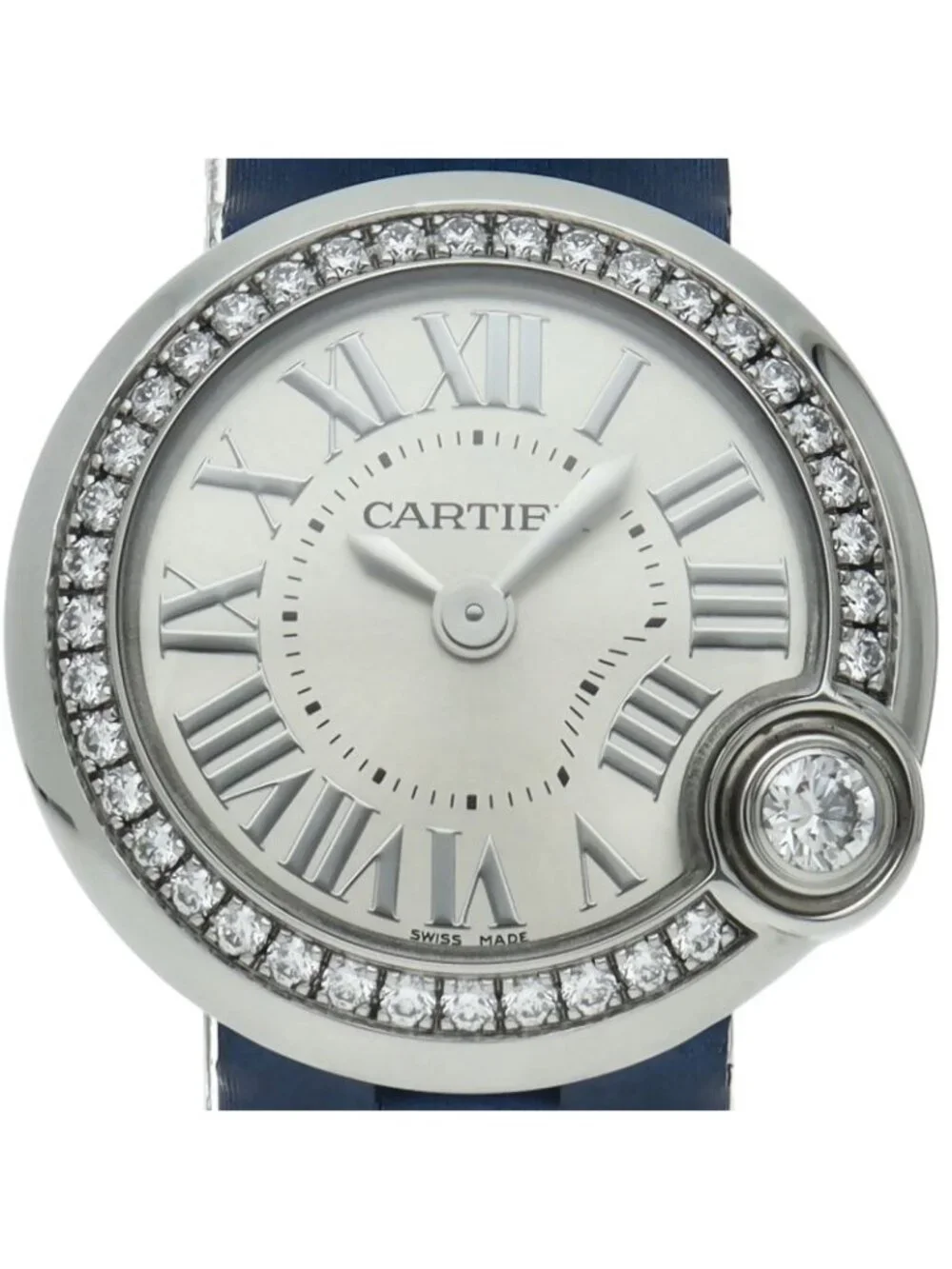 Cartier Ballon Blanc de Watch 26 Diamond Bezel Box SS Leather Time